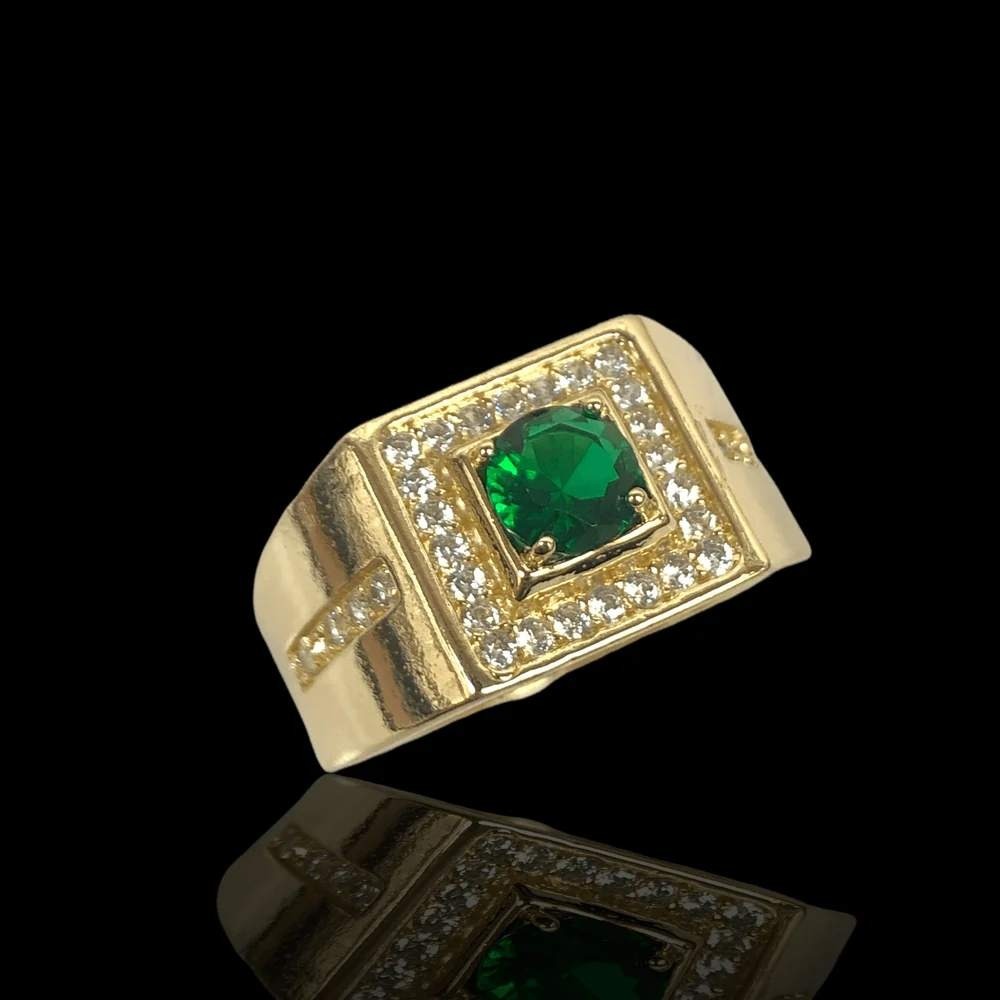 LAMINATED Gold Mens Green Emerald Color Stone Square Halo Signet Ring Size 11